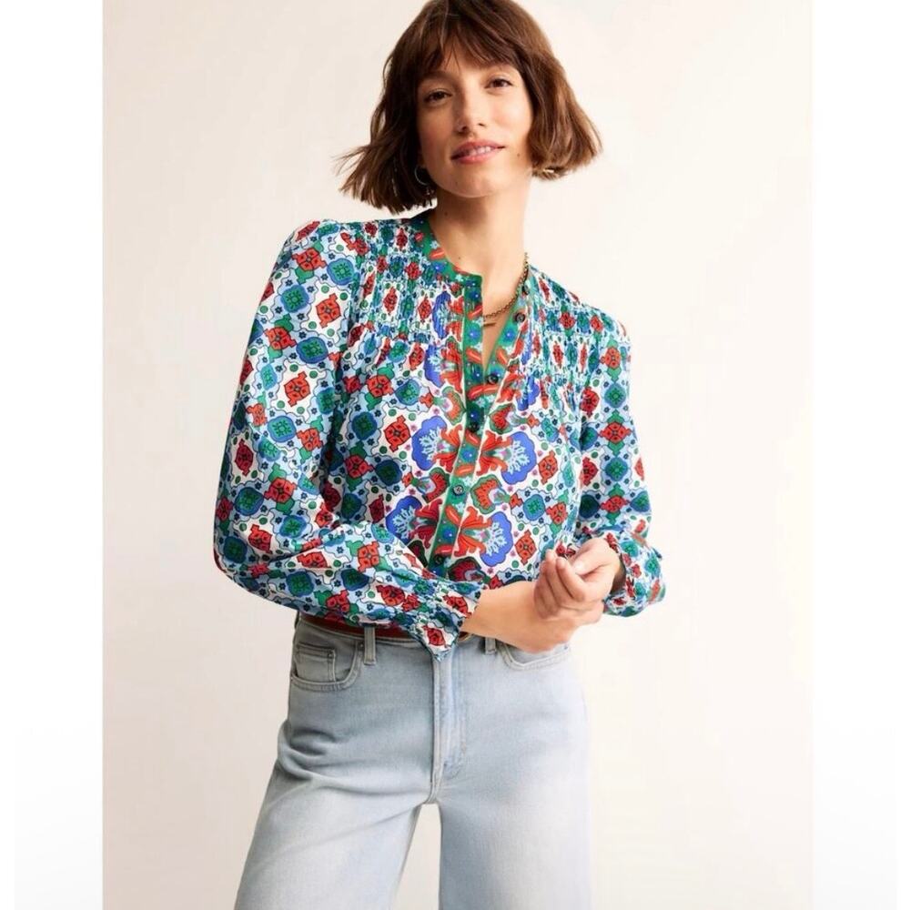 Boden Helena Multi Coastal Tile Colorful Print Cotton Smocked Ruffle Blouse US2